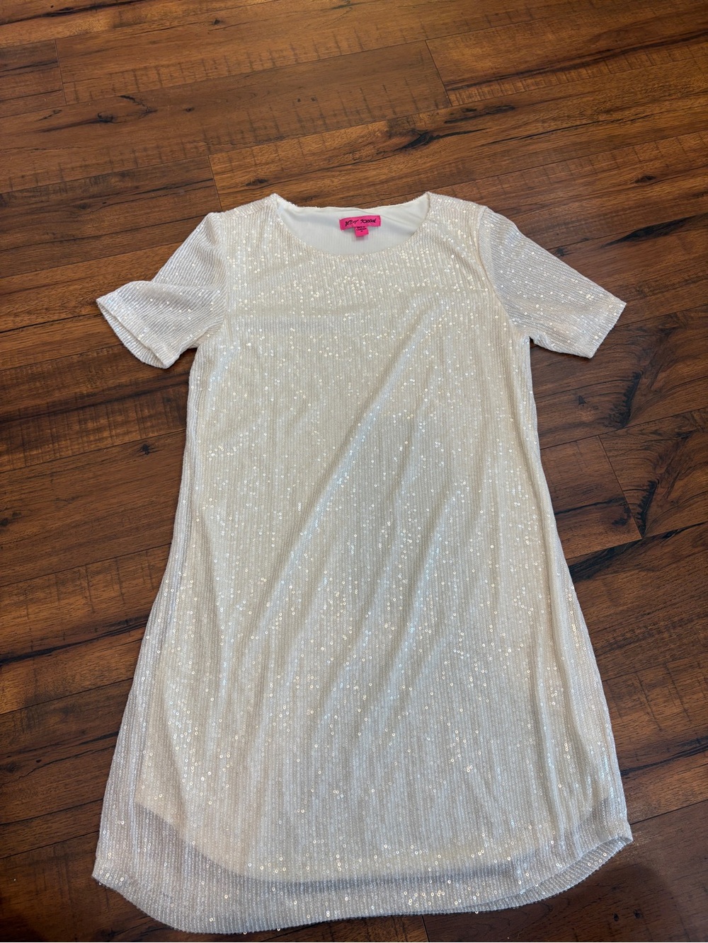 Betsey Johnson Women’s Cream Mesh Sequin Short Sleeve Dress Mini Shift Size M